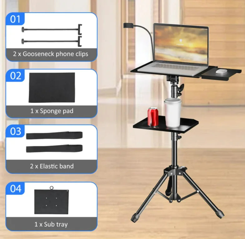 Adjustable Projector & Laptop Tripod Stand with Tray and Hose Clip