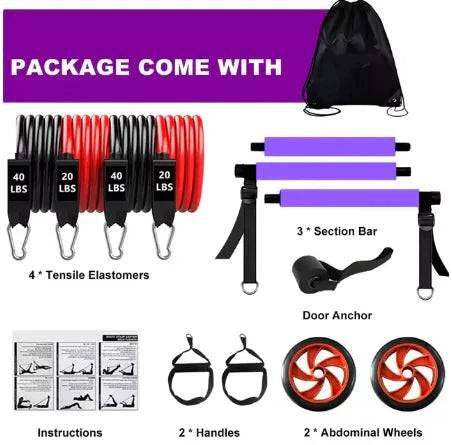 Portable Pilates Bar Kit with Resistance Bands & Ab Roller - SmilingAmySDCA